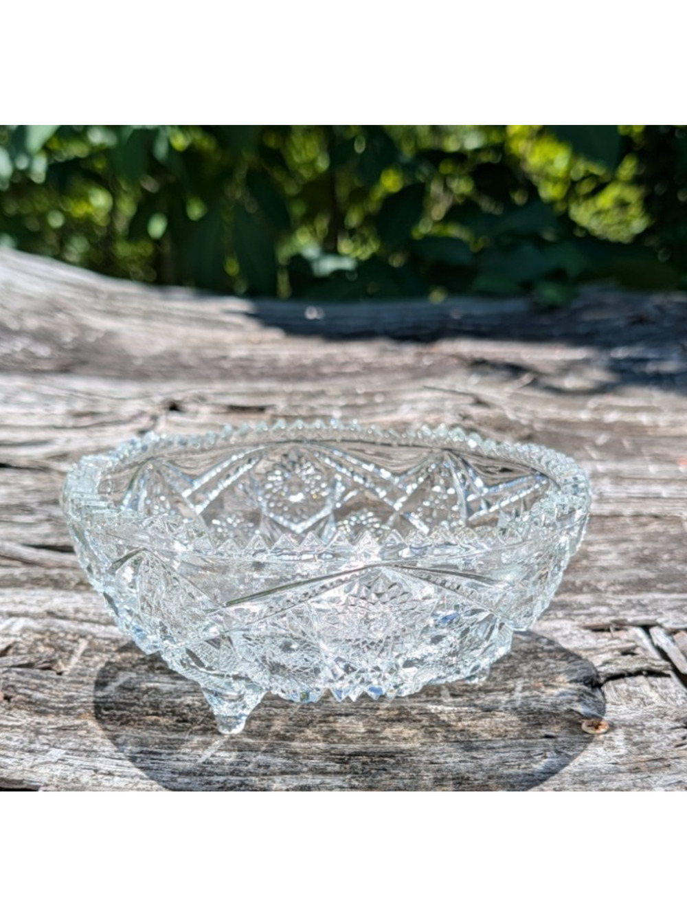 Vintage Footed Pressed Glass Bowl Sawtooth Rim Star & Daisy Pattern EAPG Style 7